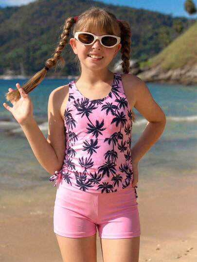 SHEIN Girls Tankini Swimsuits Two Pieces Bathing Suit Drawstring Swimwear Set For Girls 8-14 Years Summer Vacation Thermal Christmas Holiday Festival New Years Valentines Swim Tween Girl Coconut Tree Swimsuit Beach Wear For 14 Year Old Girls Pink Tankini For Tween Swimsuit Tween Pink Tankini Tween Girl Active Wear Pink Palm Tree Print Tankini Tween Girl Swimwear Pink Tankini For Tween Girls Kids Tankini Tankini For Tweens Tween Girl Summer Clothes Shien Tween Girl Coconut Tree Swimsuit Tropical Kids Co Ords For Girls