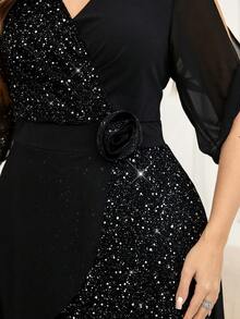 SHEIN Clasi 大码女式重叠V领翻边袖亮片拼接阔腿连体裤 - 黑色 - 查看 3