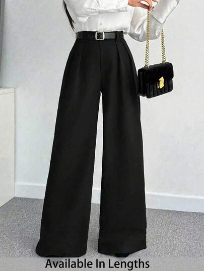 SHEIN Tall CURVE Plus Size Women's Solid Color Pleated Casual Versatile Wide Leg Pants For Daily Wear High Waist Pants Black Pants,Daily Commute,Going Out,Workplace, Office,Black Pants
