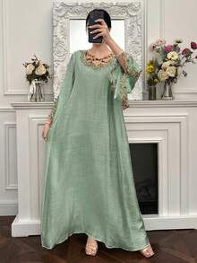 Yasmyna Women's Elegant Long Sleeve Knitted Arabic Dress - Green - View 3