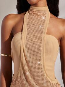 Opulessa Summer Spring Vacation Beach Elegant Casual Going Out Party Wedding Birthday Shiny Rhinestone Women's Y2K Rhinestone Design Cropped Halter Top - Khaki - View 5