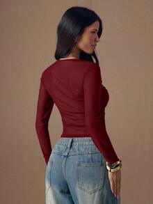 SHEIN BAE Áo thun dài tay xếp ly màu trơn dành cho nữ, kiểu dáng thường ngày. - Màu Đỏ Sâu - Xem 2
