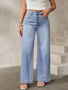 EMERY ROSE 女士休闲日常通勤百搭纽扣开襟宽松阔腿牛仔裤 - 藍色 - 查看 8