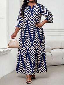 SHEIN Lady Vestido Elegante com Decote em Entalhe e Manga 3/4 para Mulheres Plus Size - Multicolorido - Visão 4