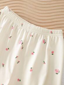 2 pezzi/set Pigiama per bambine con cardigan a maniche corte e pantaloncini con motivo floreale, morbido e confortevole - Multicolore - Visualizzare 6