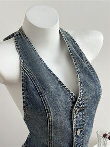 Elamini 女士露背系带牛仔连体裤，时尚百搭，适合约会和外出穿着 - 中等水洗藍 - 查看 4