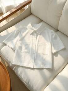 Franclia 2026 New Arrival Women's Cropped Shirts: White Short-Sleeved Shirt Collar Tops With Buttons & Pocket Detail - Casual, Commute, Minimalist & Preppy Style - White - View 4