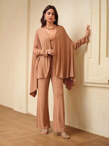 ZEYLAH Women's Batwing Asymmetric Hem Poncho And Wide Leg Pants Loose Comfortable 2 Pieces Set - Yellow - View 6