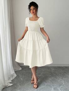 Elenzga Đầm nữ màu trơn thường ngày, đầm dài tay ngắn cổ vuông màu kaki, đầm dáng chữ A rộng rãi, thắt eo, thích hợp cho kỳ nghỉ. - Pearl White - Xem 4