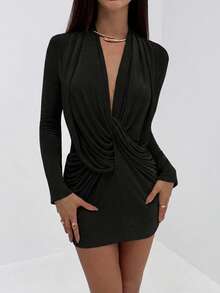 Aloruh Women's Sexy Deep V-Neck Long Sleeve Draped Cross Decor Mini Dress, Versatile For Party, Christmas, New Year Banquet - Black - View 4