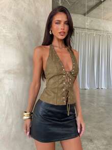 Aloruh 女士时尚性感露背交叉绑带吊带衫 - 卡其色 - 查看 4