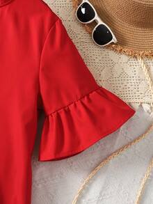 Firerie Kids Firerie Kids 少女度假休闲红色拼接荷叶边袖衬衫裙 - 紅色 - 查看 4