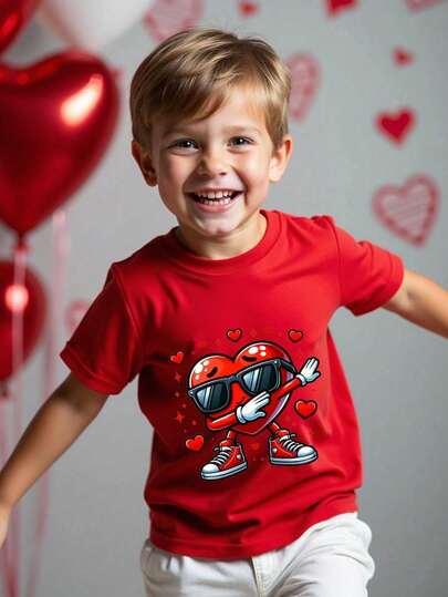 Tween Boys' Casual Fashionable Comfortable Minimalist Versatile Creative Cute Heart & Star Print All-Match Short Sleeve T-Shirt, Suitable For Outings And Valentine's Day