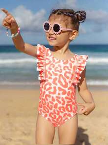 SHEIN Bộ đồ bơi liền thân họa tiết hoa nhiệt đới dễ thương cho bé gái, màu hồng nhuộm tie-dye, đồ bơi, trang phục đi biển. - trái cam - Xem 3