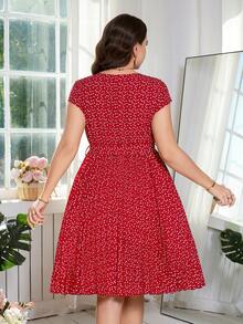 SHEIN Clasi Plus Size Elegant Burgundy Summer Dress For Women,Vintage Heart Print Pleated Everyday Casual Outfit,Luxury Wedding Guest Party Prom Formal Dresses - Red - View 2