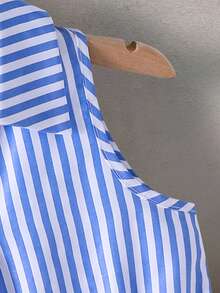 SHEIN Sparklyn 1件女童时尚新款春夏休闲编织条纹翻领手工纽扣无袖连体裤，配腰带，适合日常外出、休闲、派对等场合。 - 藍色 - 查看 5