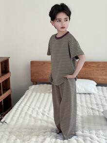 Dazy Kids Tween Boy Casual Striped Short Sleeve Top And Pants Pajama Set, Summer - Green - View 3