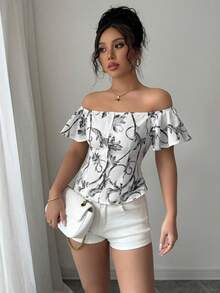Elenzga Women's Summer Vacation, Floral Print Off Shoulder Ruffle Blouse Off Shoulder Tops For Women Off Shoulder Shirts - Black - View 3