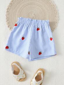 Cozy Pixies Baby Girl Blue Striped Strawberry Pattern Knit Soft Butterfly Decor Elastic Waist Skorts - Blue - View 2