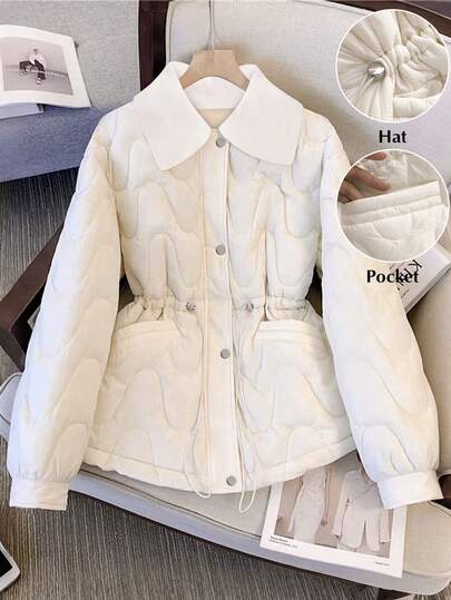 GlowEve CURVE Plus Size Casual Solid Color Drawstring Waist Jacket, Winter White Jacket For Women