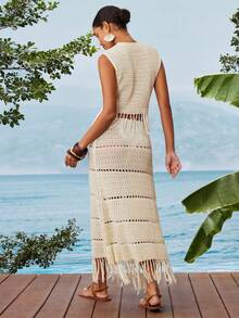 Travachic Women's Vacation Fashion Hollow-Out Camisole And Tassel Hem Skirt 2 Pieces Set - Apricot - View 2