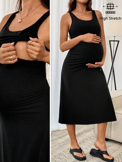 SHEIN Maternity Casual Solid Color Sleeveless Nursing Dress, Summer,Maternity Clothes, Casual, Comfortable,  Soft,