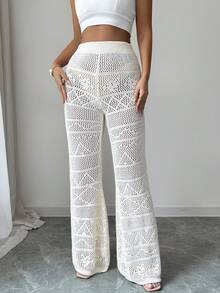 SHEIN Elenzya Women's Elegant Hollow Out Flared Knit Pants - Beige - View 4