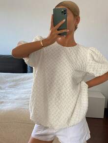 Livesso Women's Lace Puff Sleeve Loose Comfortable Blouse - White - View 2