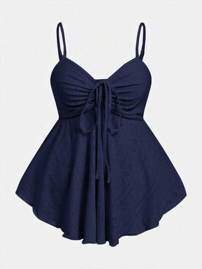 SHEIN EZwear Áo hai dây dệt kim màu xanh hải quân cỡ lớn dành cho nữ, buộc dây phía trước.