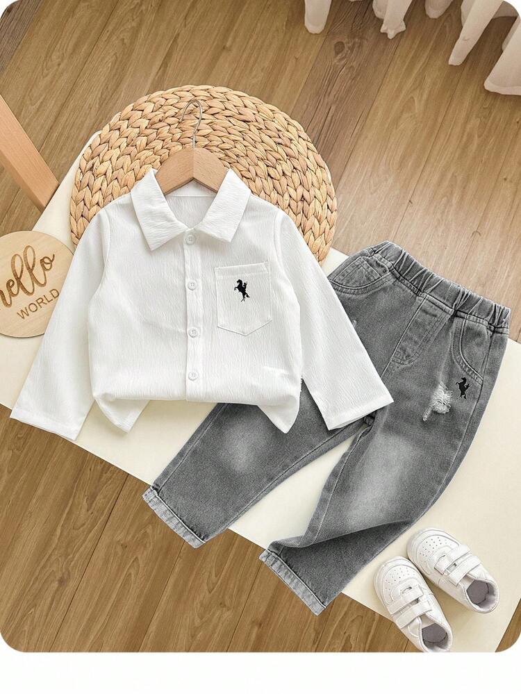 SHEIN 2pcs Toddler Boys Denim Look White Shirt And Grey Jeans Set - Grey - View 3