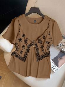 GlowEve CURVE Áo thun ngắn tay in hoa mùa hè dành cho nữ cỡ lớn - màu nâu - Xem 1