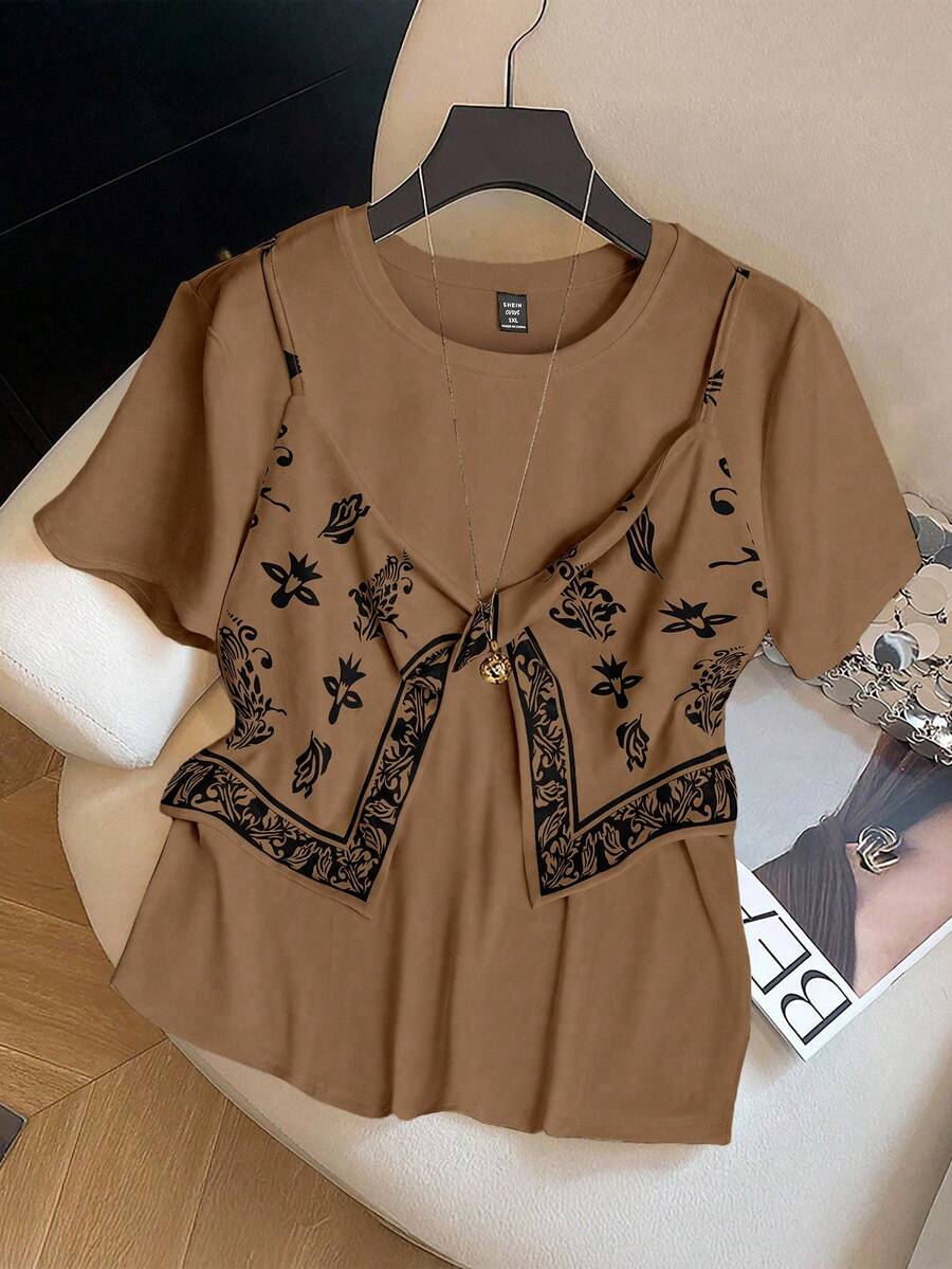 GlowEve CURVE Áo thun ngắn tay in hoa mùa hè dành cho nữ cỡ lớn - màu nâu - Xem 1