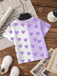 Cute Baby Girls' Summer Lavender T-Shirt Featuring Cartoon Character Prints&Heart Patchwork Design,Round Neck Short Sleeve Casual Tee - Multicolor - View 3