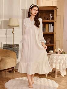 PalaceNights Embroidered Ruffle V-Neck Long Sleeve Loose Women Nightgown - Beige - View 5