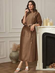 Dazy-Less Damen einfarbiges Stehkragen Kleid mit Drop-Shoulder, einreihig geknöpft, lässiges Maxikleid, Business Casual Damenkleid - Braun - Übersicht 5