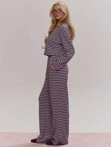 MUSERA V领条纹罗纹宽松长袖上衣搭配阔腿松紧腰长裤套装，可爱少女性感春冬季日常外出复活节糖果色 - 灰色 - 查看 3