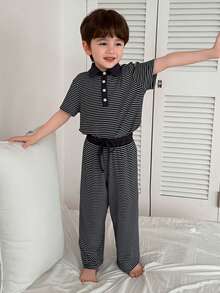 DAZY 男童条纹印花短袖上衣和裤子睡衣套装 - 藏蓝色 - 查看 3