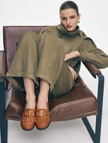 Mnmlis Women's Retro British Style Commuter Vintage Gold Buckle Brown Round Toe Flat Thick Heel Slip-On Loafers Casual Shoes Valentine's Day - Brown - View 10