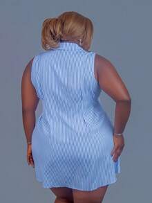 CurvyTilda 2025 春夏新款女装加大码优雅通勤休闲办公室蓝白条纹梭织面料无袖腰部收腰衬衫裙 - 藍白色 - 查看 5