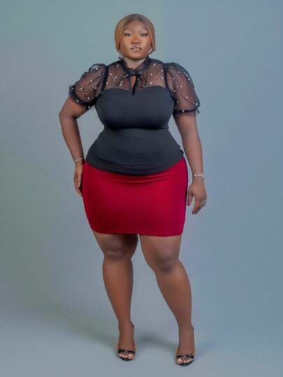 CurvyTilda 大码女式夏季网眼撞色系带泡泡袖 T 恤