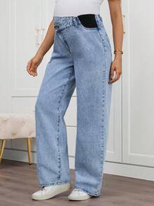 SHEIN 孕妇纯色休闲牛仔裤，春夏情人节嘉年华服装通勤度假毕业时尚Y2K可爱街头风性感派对婚礼优雅商务休闲女装蓝色阔腿牛仔裤，松紧腰牛仔裤，日常穿着 - 藍色 - 查看 7