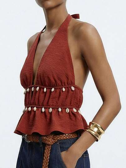 Maija Dam enfärgad skaldekor halterneck peplum casual semesterlinne