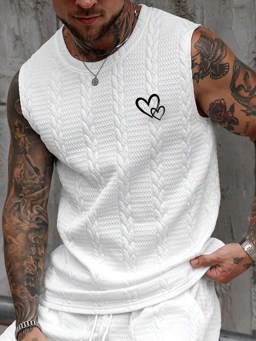 EGENSIO Men's Casual Sports Heart Print Vest - White - View 1