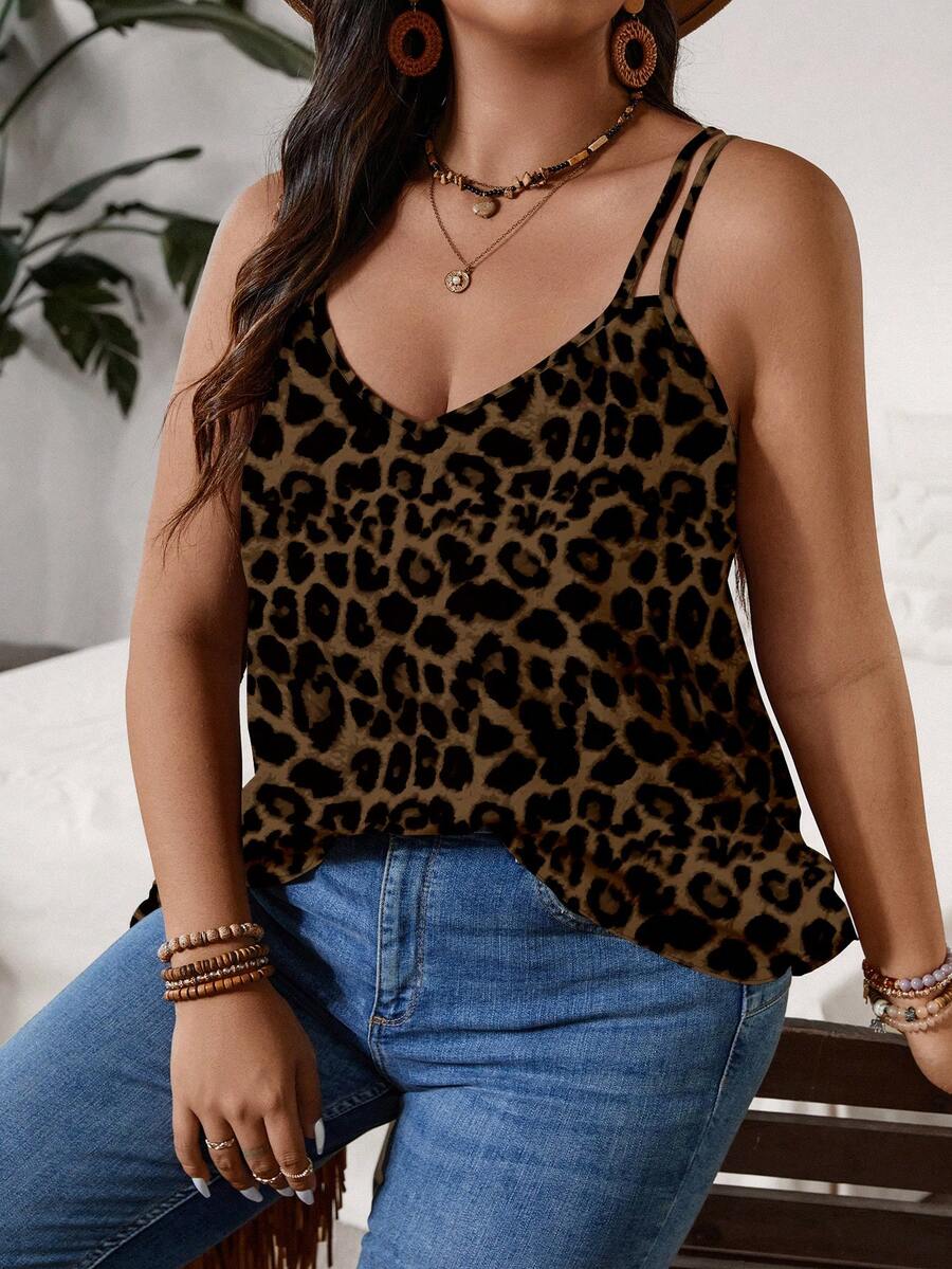 SHEIN VCAY Plus Size Women Leopard Print Sexy Versatile Camisole Top, Suitable For Dates And Outings - Multicolor - View 1