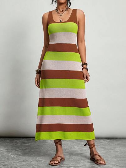 Freevana 大码针织连衣裙，大码彩色条纹连衣裙，U领无袖长裙，音乐节服装，度假服装，度假连衣裙，沙滩装