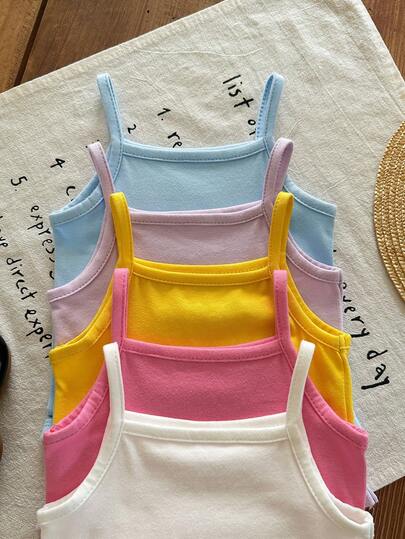 SHEIN LMoss Kids 5pcs/Set Unisex Baby Casual Minimalist Knit Comfortable Elastic Solid Color Romper Suitable For Summer Toddler Summer Tops Baby Tank Bodysuit