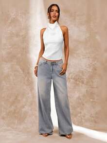 SHEIN BAE Apricot Color Backless Draped Neck Women's Tank Top, Sexy & Elegant Camisole For Spring/Summer - White - View 3