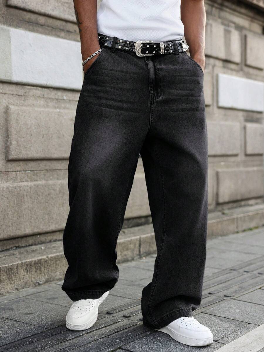 GALLERY FADE Quần jeans nam ống rộng, màu xám nhạt, kiểu dáng thường ngày. - màu đen - Xem 1
