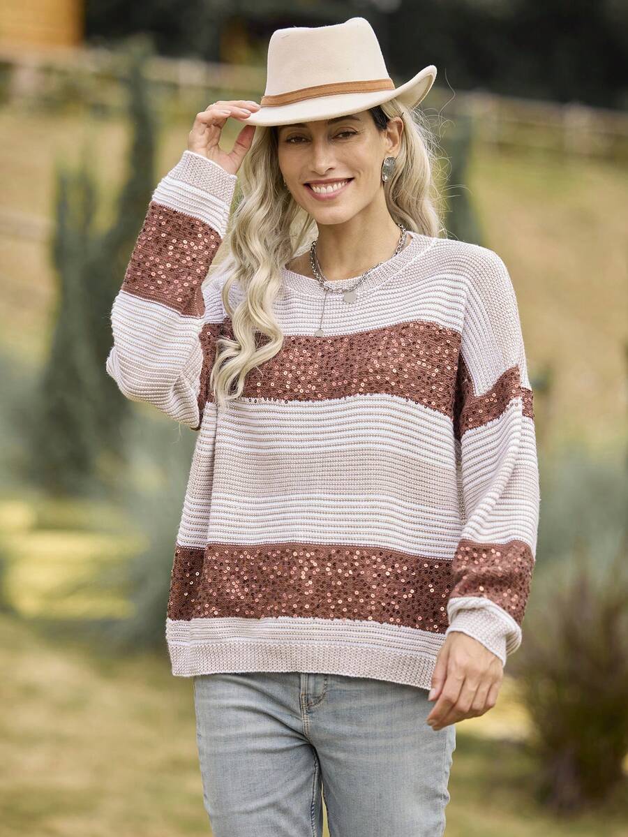LanaWest Suéter holgado de punto con cuello redondo y cuentas de color contrastante para mujer, informal, para otoño e invierno - Multicolor - Ver 1