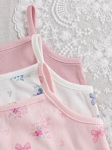 SHEIN 6件組女嬰粉藍白夏季可愛飄逸家庭套裝 花卉無袖吊帶上衣彈性腰短褲 野餐公園度假適用 - 彩色 - 查看 4